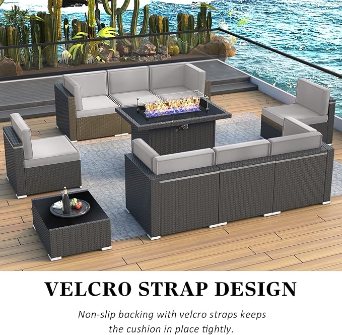 LayinSun 10 Piece Patio Furniture Set with 44" Propane Gas Fire Pit Table, Outdoor Sectional Conversation Set Wicker Rattan Sofa Set with Coffee Table
