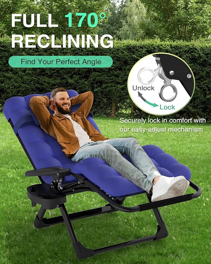 ZENPETIO Zero Gravity Lounge Chair, Foldable Outdoor Recliner with Detachable Cushion, Portable Anti Gravity Lounger for Camping, Patio, Poolside, Lawn - Royal Blue