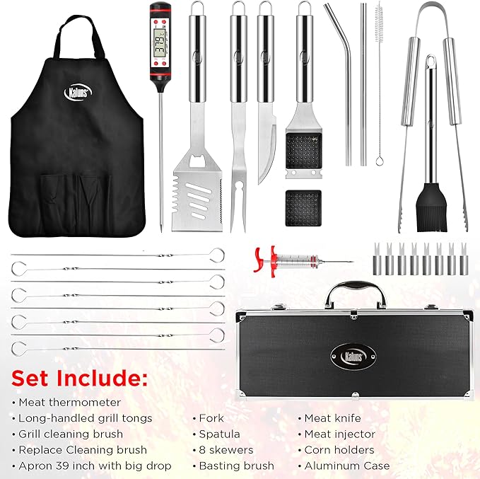 Kaluns Grilling Accessories, Dad Gifts for Christmas Grilling Gifts, Heavy Duty Stainless Steel Grill Set BBQ Grill Accessories for Outdoor Grill with Aluminum Case and Apron, Best Gifts for Men Dad