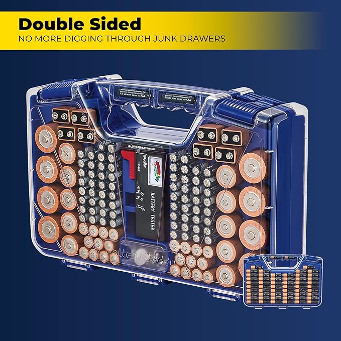 Ontel Battery Daddy Storage & Organizer Case with Tester, Stores & Protects Up to 180 Batteries, Double-Sided, Durable Design with Clear Locking Lid, Secure Latches & Portable Carrying Handle - Blue