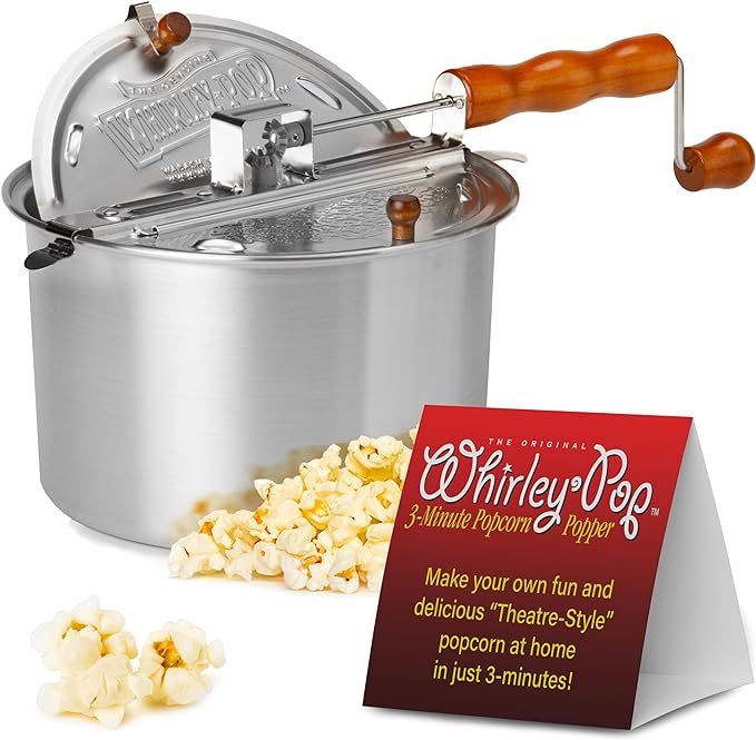 Original Whirley Pop Popcorn Maker - Wabash Valley Farms Gourmet Popcorn Popper, Aluminum Pot With Nylon Gears, 3-Minute Stove Top Popper, Home Movie Night (Silver)