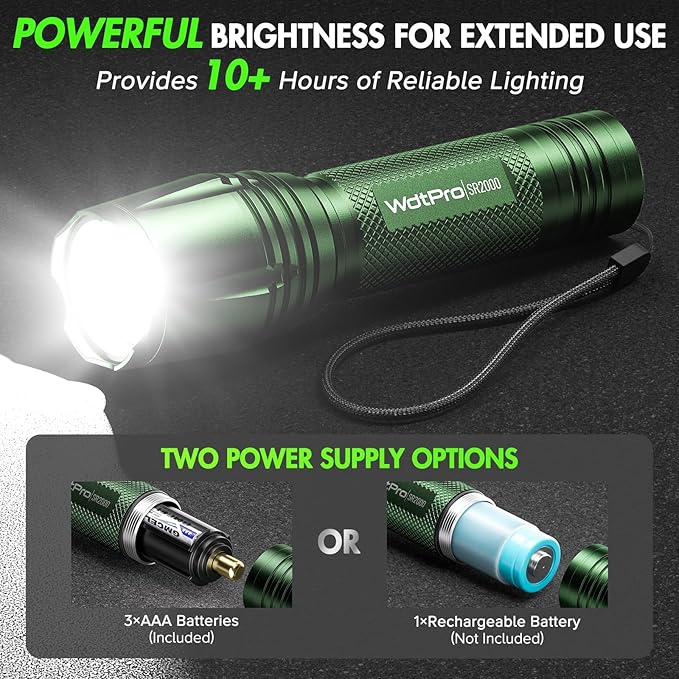 WdtPro LED Flashlight High Lumens SR2000 Pro, 2 Pack Brighter Tactical Flashlights with 5 Modes & Zoomable, Powerful Mini Flash Light for Emergency, Camping, Hiking (Green)