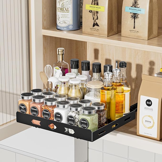 Pull Out Spice Rack Organizer for Cabinet, 1 Tier Heavy Duty Spice Rack, Vertical Spice Rack for Kitchen Cabinet and Pantry (12.6''Wx10.5''Dx2.8''H, Metal Black)