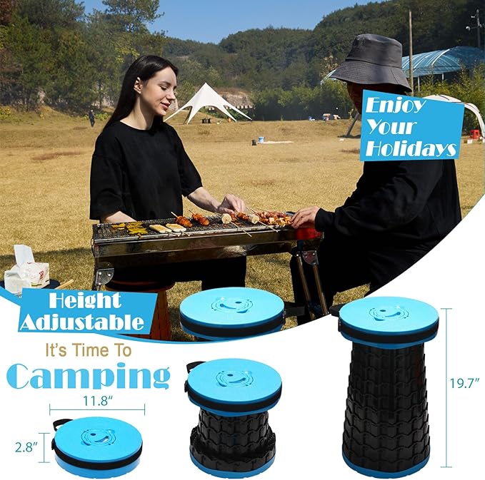 19.7” Heavy Duty Collapsible Stool with Cushion - Portable, Foldable Camping Stool for Adults, Max Capacity 1000lbs (Blue)