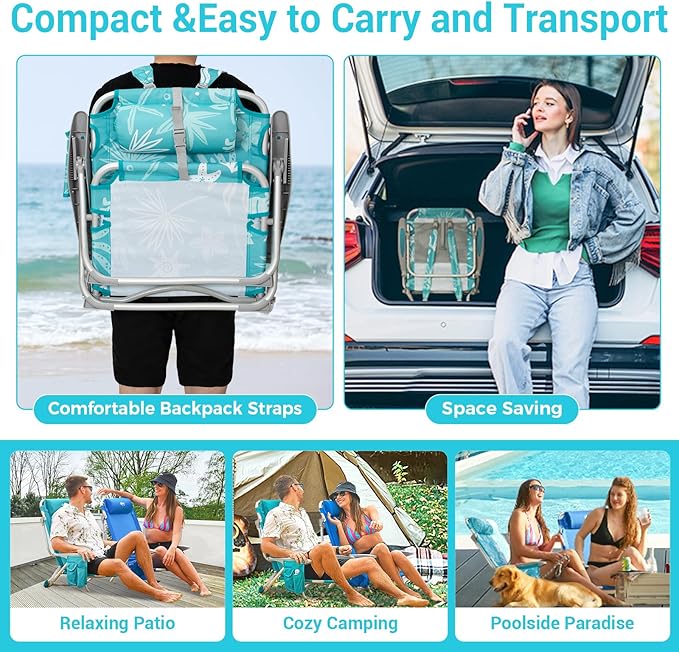 #WEJOY Folding Beach Chair for Adults, 4-Position Aluminum Lightweight Beach Chair, Low Sands Chairs with Shoulder Strap, Cup Holder and Padded Headrest, Supports 265lbs for Lawn