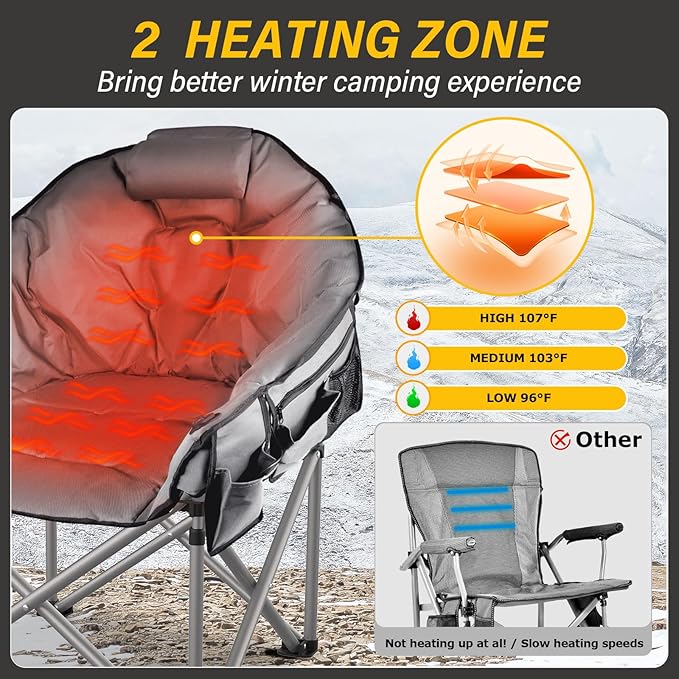Oversized Heated Camping Chair, 3 Heat Levels Portable Heated Folding Chairs, Camping Heated Chair for Adults Supports 440 lbs, Heavy Lawn Chair for Camping/Patio/Outdoor Sport
