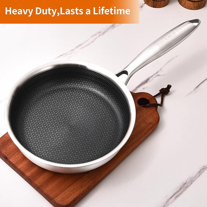 DELARLO Tri-Ply Stainless Steel 5.5 Inch Omelet Pans, Small Frying Pan Compatible with All Cooktops 500℉,Oven Safe Mini Skillet