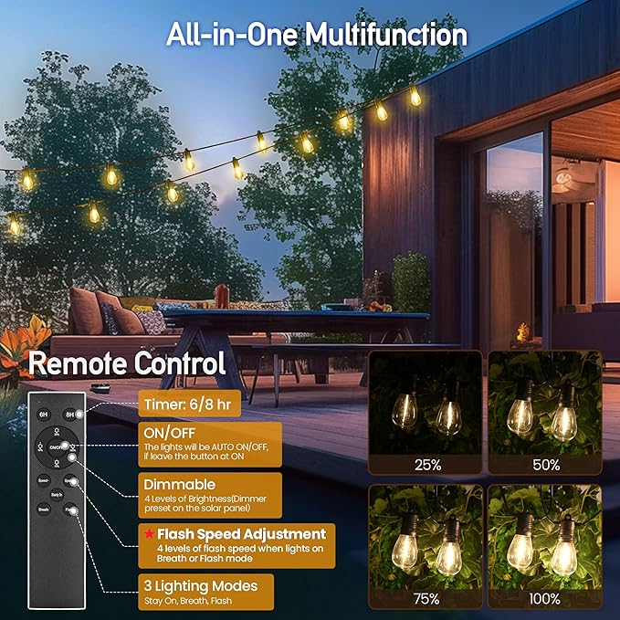 Solar String Lights Outdoor Waterproof 30 FT 12 Sockets 13 LEDs Patio Lighting, USB Charge & Remote Controlled Dimmer Timer, Solar Outdoor Lights for Patio Yard Outside Camping Party 2700K