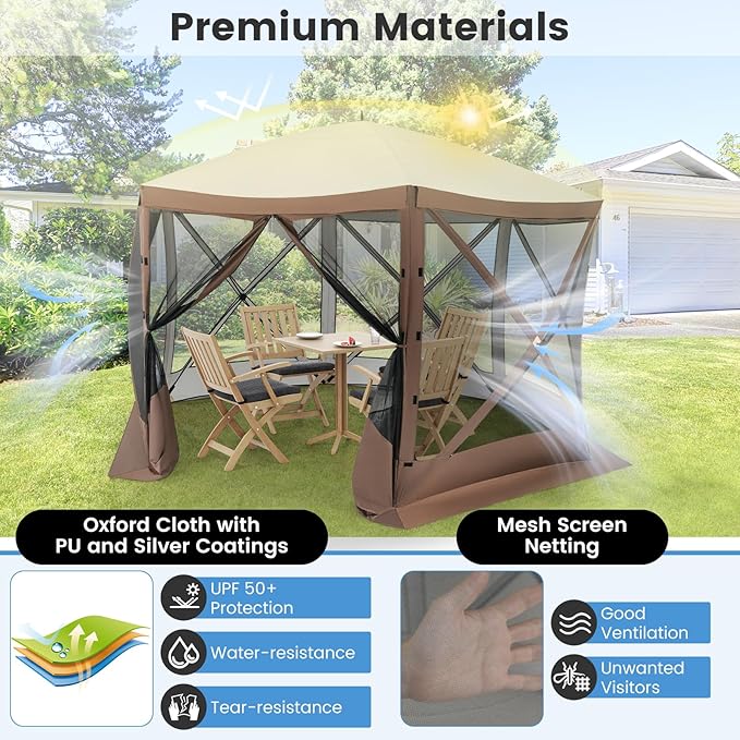 Tangkula 11.5x11.5 Ft Pop Up Gazebo with Netting, Portable Screen Tent with 6 Sided Mesh Walls, 2 Sunshade Cloths, Outdoor Instant Canopy Shelter with Carry Bag for Camping, Lawn, Backyard