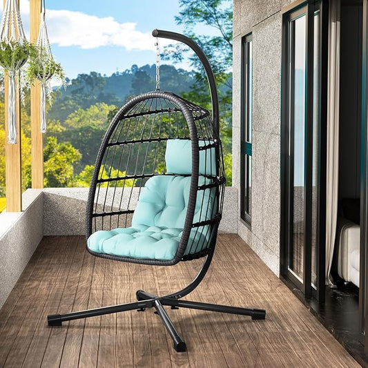 LEVELEVE Egg Chair with Stand,Patio Rattan Wicker Hanging Swing Egg Chair Hammock Chair for Bedroom Porch Garden,Thickened Aluminum Alloy Steel Frame and UV Resistant Cushion,350LBS Capacity