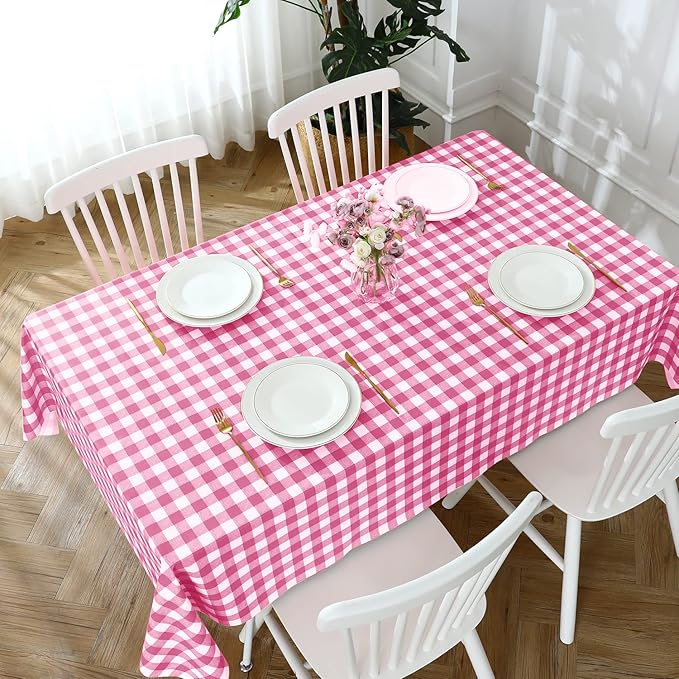 Romanstile Rectangle Vinyl PVC Tablecloth, 100% Waterproof Buffalo Plaid Plastic Table Cloth, Oil Proof Heavy Duty Wipeable Table Covers for Dining/Camping/Picnic/Outdoor - 54 x 120, Pink White
