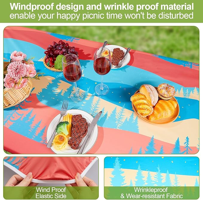 Picnic Table Cover with Bench Covers Camping Essentials Waterproof Windproof Camping Tablecloth with Drawstring Bag, Fitted Rectangle Tables and Seats, 60in, Red Blue