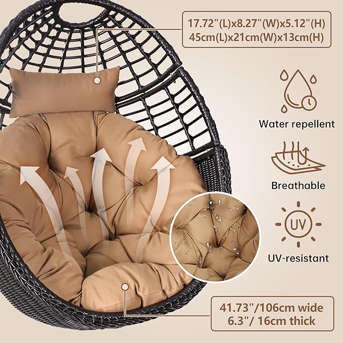 Egg Swing Hanging Chair with Stand, Outdoor Rattan Egg Hammock Chair with Cushion Pillow for Indoor Bedroom Patio Garden for 330lbs/150kg - Dark Brown