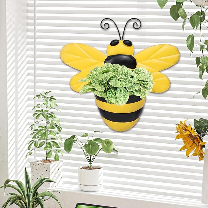 Metal Wall Planter Bee Wall Mounted Planters Small Flower Pot with Drainage for Indoor Outdoor Farmhouse Hanging Planter Succulent Plant Container Vertical Garden Yard Decor