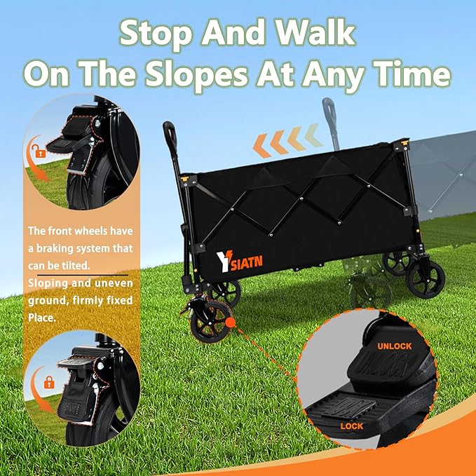 Collapsible Wagon Cart with Brake, Foldable Wagon Cart with All Terrain Wheels, Large Grocery Carts On Wheels, Heavy Duty Utility Wagons for Shopping Beach Sports Fishing Camping, 110L, Black