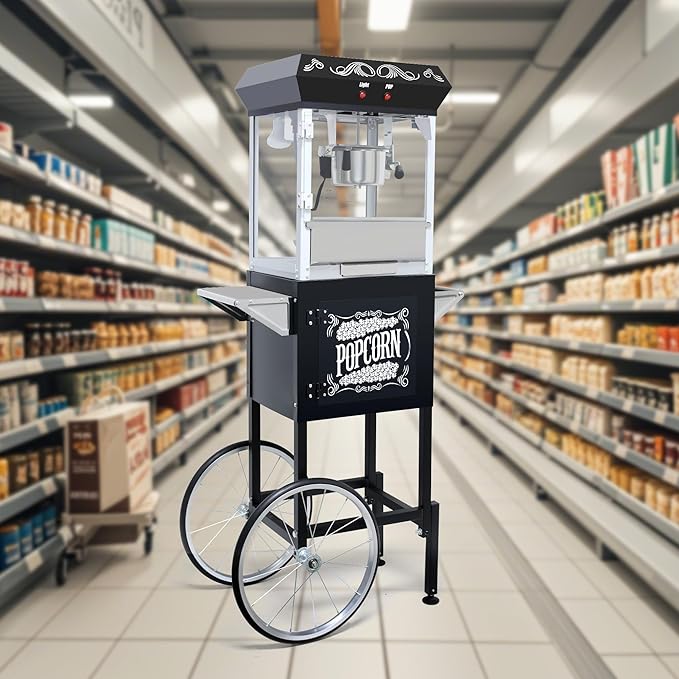 Popcorn Maker Machine - Professional Cart With 8 Oz Kettle Makes Up to 48 Cups, Stainless Steel Vintage Commercial Popcorn Machine Movie Theater Style (Black)