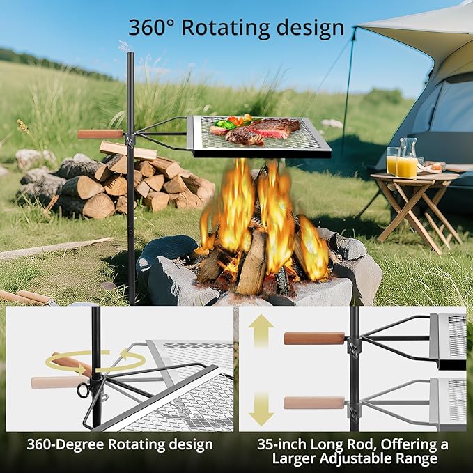 Swivel Campfire Grill Grate, Height 35", 360° Adjustable Heavy Duty Steel Campfire Grill with Insulated Wooden Handle, Portable Fire Pit Cooking Grate, for Camping Outdoor BBQ Cooking Open Fire