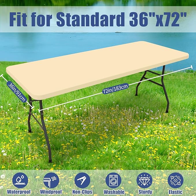 Spandex 6 Foot Rectangle Table Cloth 2 Pack, Elastic Fitted Tablecloths for Picnic, Stretch Washable Patio Table Cover for Outdoor, Camping, Banquet and Parties (Champagne, 36"x72")