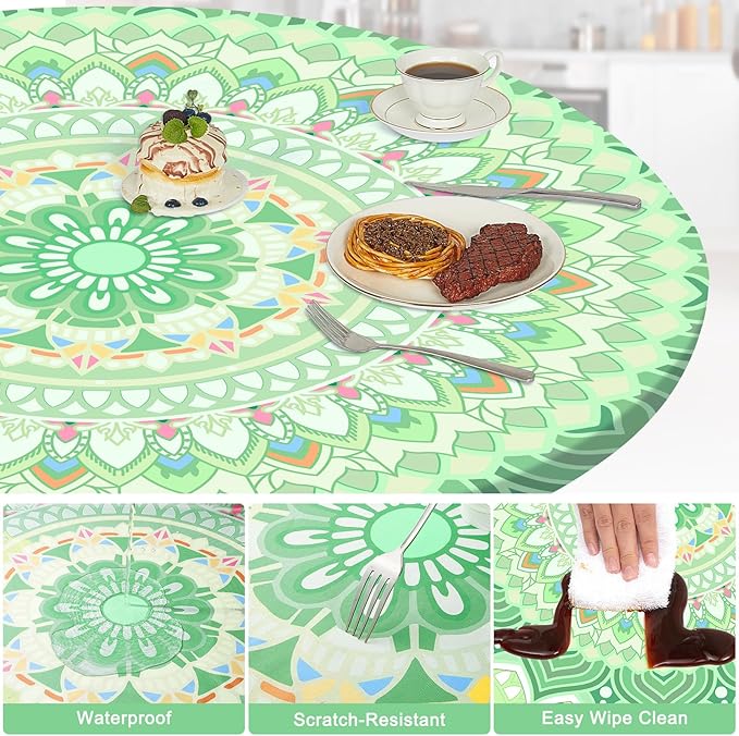 Round Tablecloth Fitted Elastic Table Cover Waterproof Table Cloth for Dinner, Party, Picnic,Camping, Round Table Cover for Indoor Outdoor
