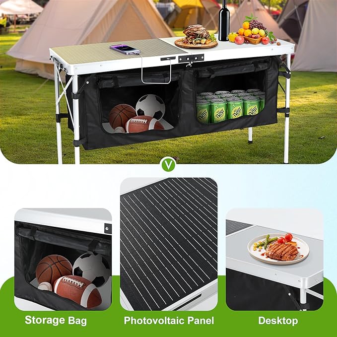 Nice C Camping Table, Storage Camping Table with Solar Panels, Storage Kitchen Tables, Folding Tables, 45W Output, w/USB, Type-C & DC Charging Cable, For Outdoor, Beach, BBQ, Picnic, Cooking, Festival
