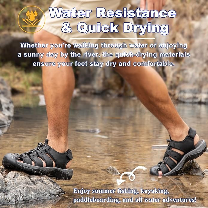 Men's Sport Sandals Closed Toe Leather Hiking Athletic Walking Outdoor Beach Trail River Fishing Water Shoes Lightweight Comfortable Waterproof