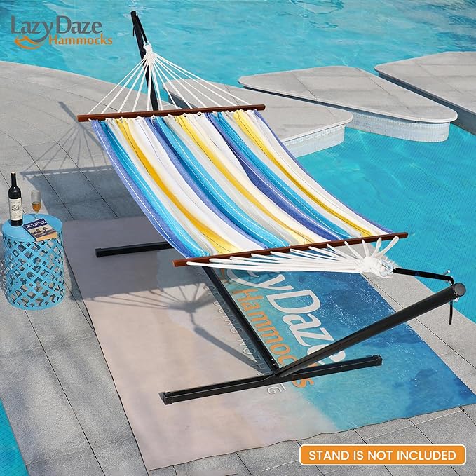 Lazy Daze Hammocks Cotton Fabric Spreader Bar Hammock, Outdoor Portable Hammock with Carrying Bag & Tree Straps for Bedroom, Patio, Backyard, Balcony, Max 450lbs Capacity, Blue & Yellow