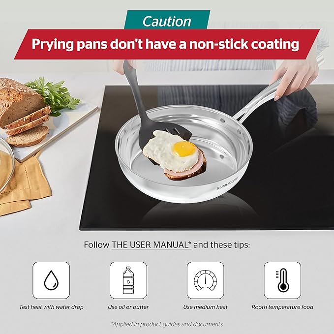 Sunhouse 9.5 Inch 18/10 Chef Series Stainless Steel Frying Pan, Tri-Ply Stainless Steel Construction, PFOA-FREE, Stay-Cool Handle, Induction Compatible