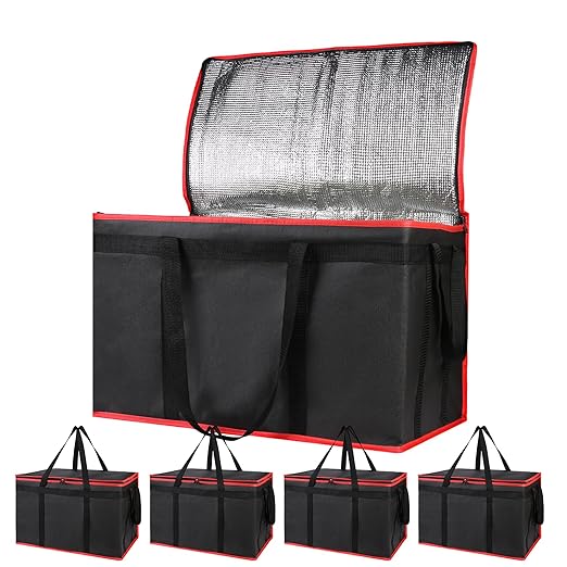 Bodaon 5-Pack Cooler Insulated Food Delivery Bag for Doordash/Uber Eats, XXX-Large Thermal Bags for Catering/Hot Pizza, Travel/Camping Essentials/Picnic/Grocery Reusable Warmer Frozen, Black-Red Edge