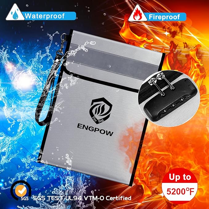 ENGPOW Fireproof Document Bag with Lock (5200℉),15”x 11” Fireproof Money Pouch with Zipper, Fireproof File Safe Storage Organizer Holder for Valuables,Cash,A4 Legal Important Documents and More