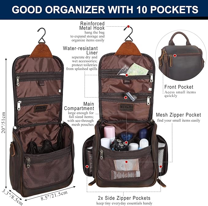 Masa Kawa Leather Hanging Travel Toiletry Bag for Men Portable Expandable Camping Cosmetics Makeup Toiletries Organizer Vintage Bathroom Shaving Kit Brown Wash Bags