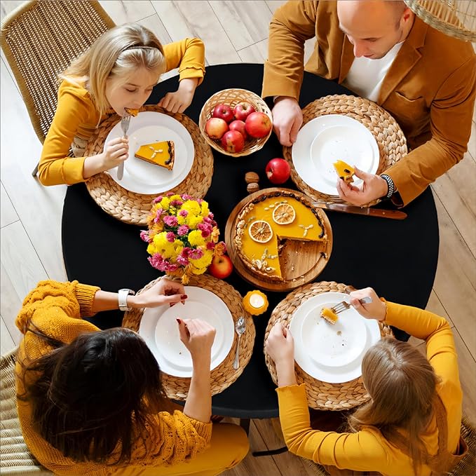 LUSHVIDA Round Waterproof Table Cover Elastic Vinyl Fitted Tablecloth Elastic Edged Plastic Table Cloth (Black, 2PCS Best for Up to 57"-68" Round)