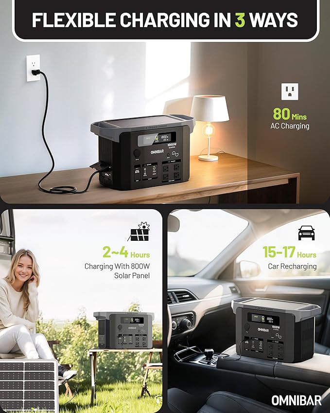 Portable Power Station 1000W (2000W Peak),1075Wh LiFePO4 Battery, 1000W AC/100W USB-C Output, 1.5 Hrs Fast Charge, Solar Generator for Outdoor Camping, Emergency Backup, RVs, Off-Grid Living