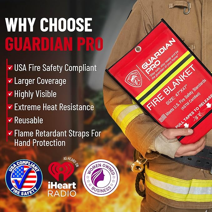Guardian Pro New 2025 Emergency Fire Blanket for Home and Kitchen - 2 Pack Over 40"x40" Flame Suppression Fiberglass Fire Blankets for House Camping Car Office Warehouse Emergency Survival Safety