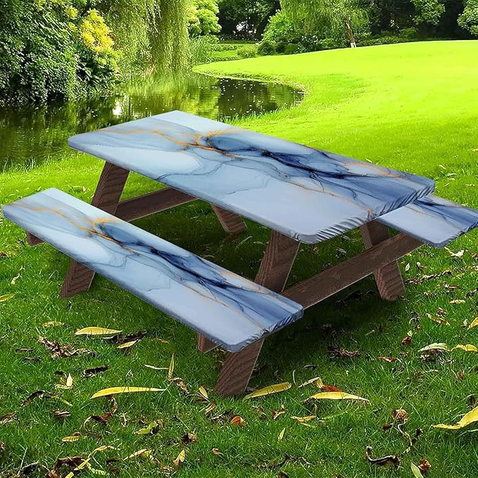 CAPSCEOLL Fitted Picnic Table Cover with Bench Covers with Elastic 8Ft Waterproof Camping Picnic Table Cover Cloths for Outdoors Camping Tablecloth with Drawstring Bag, 96X30in, Blue Marble