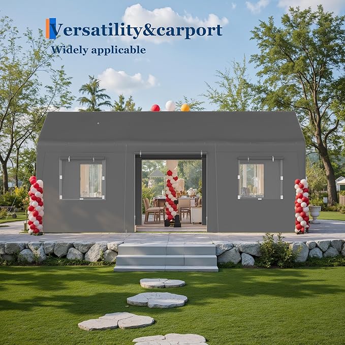 Carport, 13‘ x 20’ Heavy Duty Portable Garage All-Season Car Canopy w/Removable Sidewall & Doors, Carport Canopy Party Tent w/Water-Resistant Tarp for Backyard (Grey, 13‘ x 20')