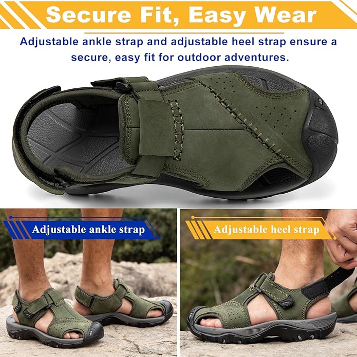 Men's Sport Sandals Closed Toe Leather Hiking Athletic Walking Outdoor Beach Trail River Fishing Water Shoes Lightweight Comfortable Waterproof