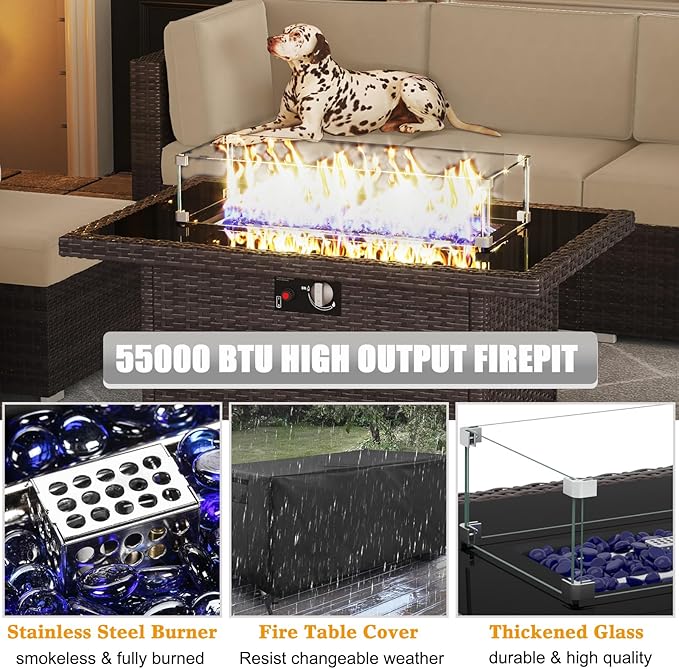 LayinSun 13 Pieces Outdoor Patio Furniture Set with 44" Fire Pit Table Brown Rattan Sectional Sofa Conversation Sets