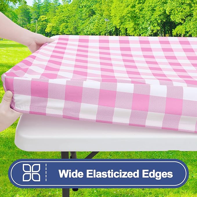 Smiry Picnic Table Cover with Bench Covers, Waterproof Elastic Fitted Tablecloths for 6 Foot Rectangle Tables, Washable Buffalo Plaid Tablecloth for Camping, Outdoor (Pink & White, 30"x72")