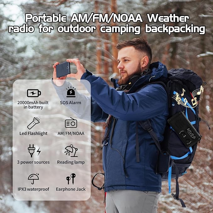 Emergency Weather Radio, 20000mAh Solar Radio, Hand Crank Radio with AM/FM/NOAA, Portable Radios with Flashlight & Reading Lamp, Earphone Jack, SOS Alarm, Phone Charger for Indoor Outdoor Emergencies