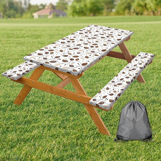 Picnic Table Cover with Bench Covers, Brown Leaf Plaid Leaf Elastic Edges Waterproof Windproof Camping Essentials, Camping Fitted Tablecloth with Drawstring Bag, 60in, Brown