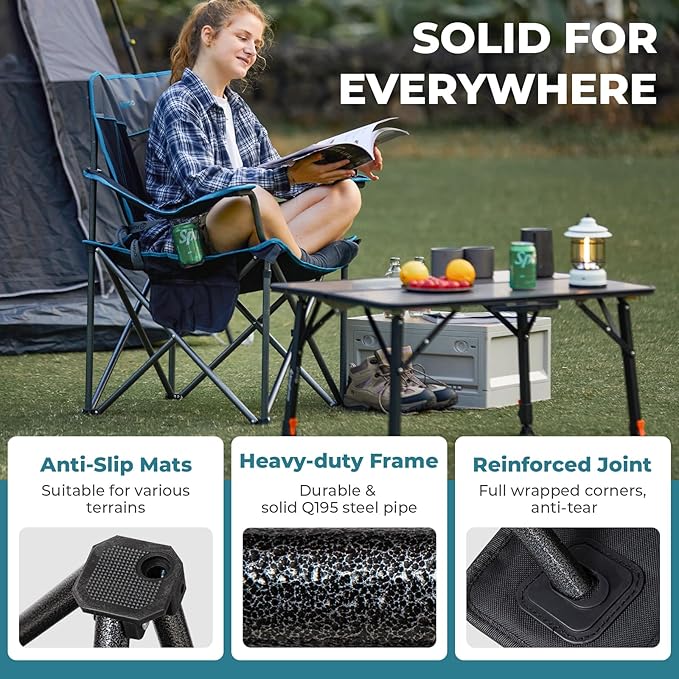 FUNDANGO Oversized Camping Chair for Adults, Heavy Duty Portable Foldable Lawn Chair with Padded Seat & Back, Lumbar Support, 4-can Cooler & Cup Holder, Carry Bag Included for Outdoor (Black)