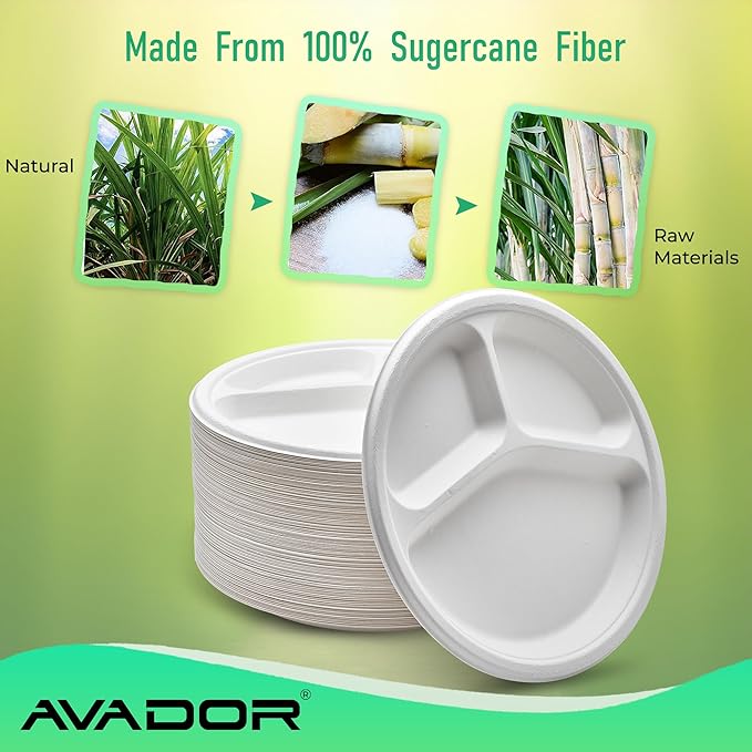 AVADOR® Compostable Tableware 100% Eco-Friendly & Biodegradable Dinnerware Eco-Conscious, Disposable, and 100% Biodegradable (10 inch Partition Plates Pack of 150)