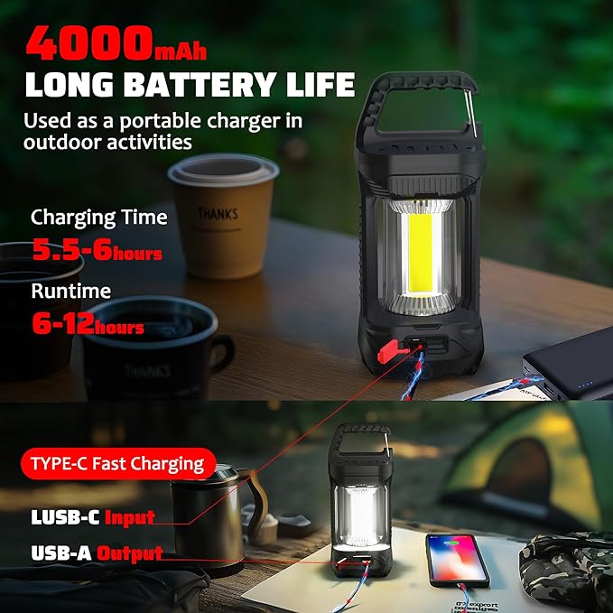 Camping Lantern Rechargeable, 2000LM Rechargeable Lantern with 4400mAh Battery, Waterproof LED Camping Light with 4 Modes, Portable Lanterns for Power Outages, Hurricane and Outdoor Use