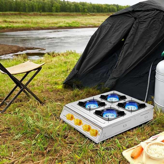 Vivicreate 4 Burner Propane Gas Stove 40000 BTU Stainless Steel Cooktop with Enamel Pan Support Electronic Ignition for Camping Outdoor Cooking BBQ Estufa de Gas Portátil Fogón de Gas