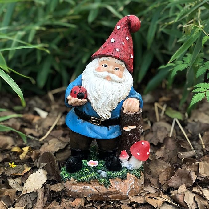 Topadorn Garden Gnome Statue LED Light Solar Energy Gnome Figurine with Ladybug on Hand Mushroom for House, Lawn Decor 11 Inch
