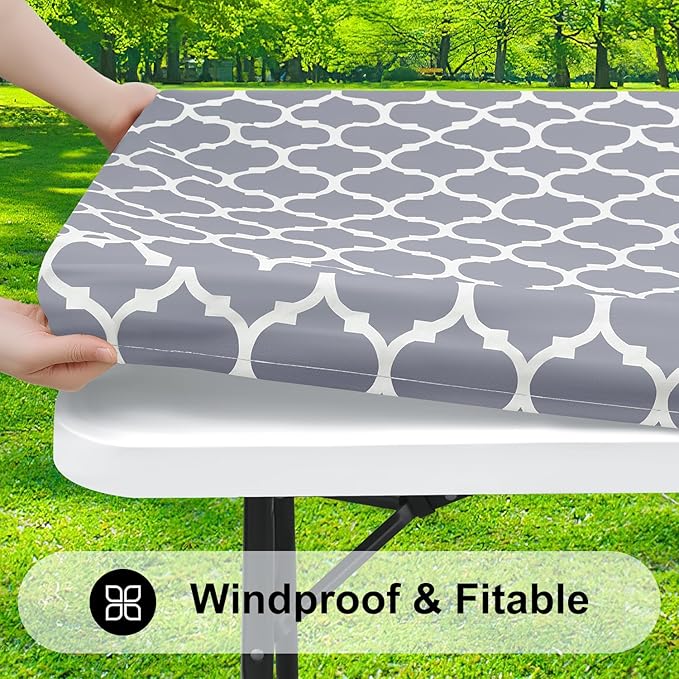 Smiry Rectangle Picnic Table Cover, Waterproof Elastic Fitted Camping Tablecloths for 5 Foot Tables, Wipeable Flannel Backed Vinyl Tablecloth Protector for Indoor, Outdoor (Grey, 30x60 Inches)