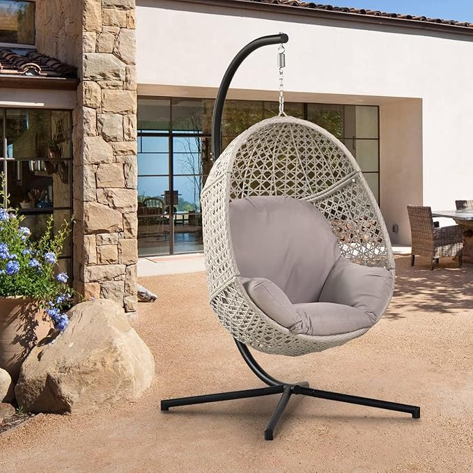 Hanging Egg Chair with Stand, Wicker Egg Swing Chair PE Rattan Hanging Chair Comfort Cushion, 350LBS Capacity for Indoor Bedroom Outdoor Porch Garden (Grey)