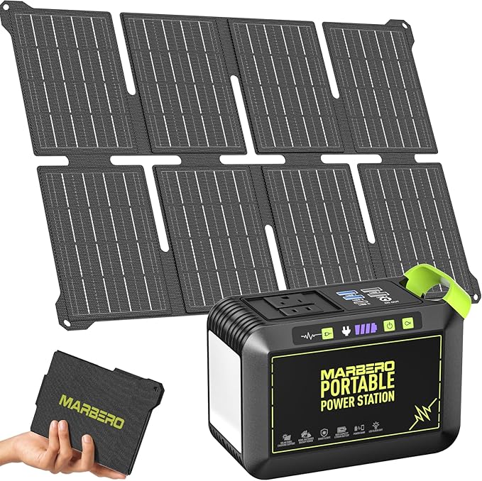 MARBERO 80W Solar Powered Generator with Panels 25W Included, 88.8Wh Lithium Battery Portable Power Station with AC Outlet 120W Peak Fast Charging 110V for Camping Outdoor Home Backup Backup RVs