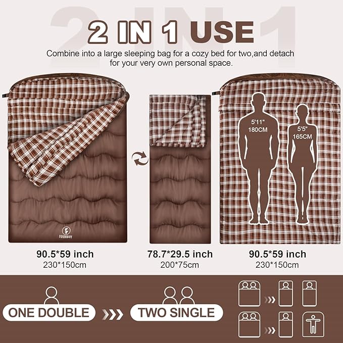 0 Degree Flannel Double Sleeping Bag for Adults, Couples or Family - Winter Queen Size Waterproof & Warm 2-Person Sleeping Bag for Cold Weather Camping, RV Travel