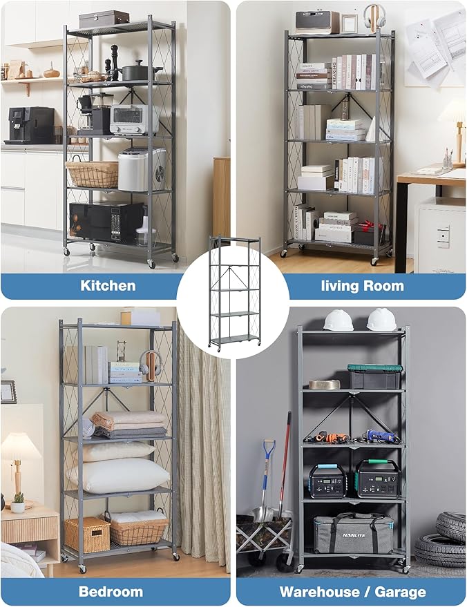 ALANNG 70.7" H Metal Storage Shelves, 5 Tier Folding Shelf on Wheels, Heavy Duty, No Assembly, Rolling, Collapsible Rack Unit for Kitchen, Basement, Pantry (Gray,3 Pack)
